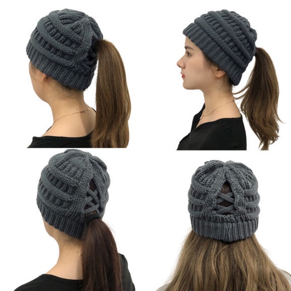 Black Knit Criss Cross Ponytail Pom Pom Beanie - Picture 4 of 15